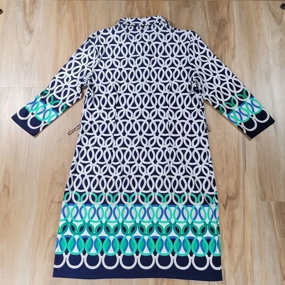 🔹️Sandra Darren Blue & White Geometric 3/4 Sleeve Dress Size 6 - Picture 2 of 11